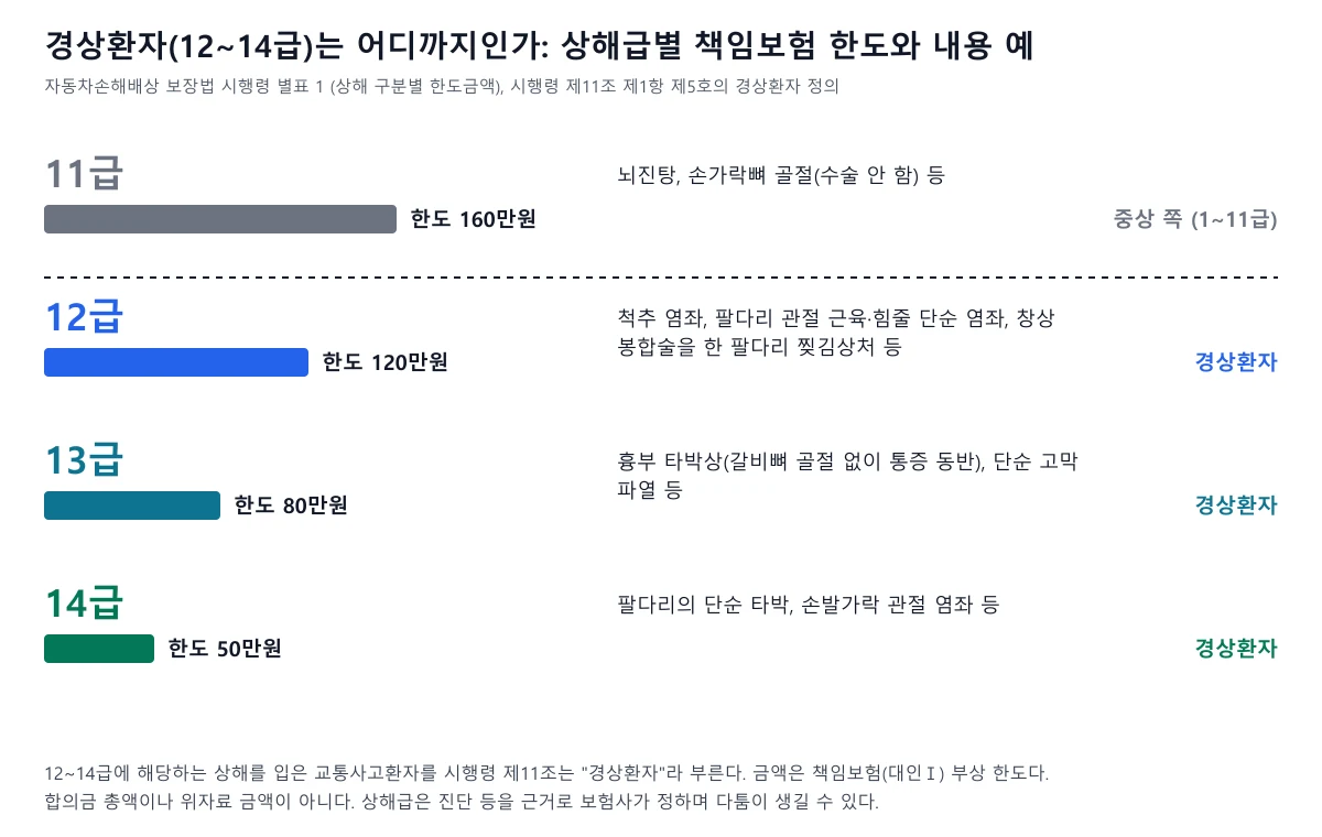 12급 13급 14급 경상환자 상해 내용과 책임보험 한도를 비교한 도표
