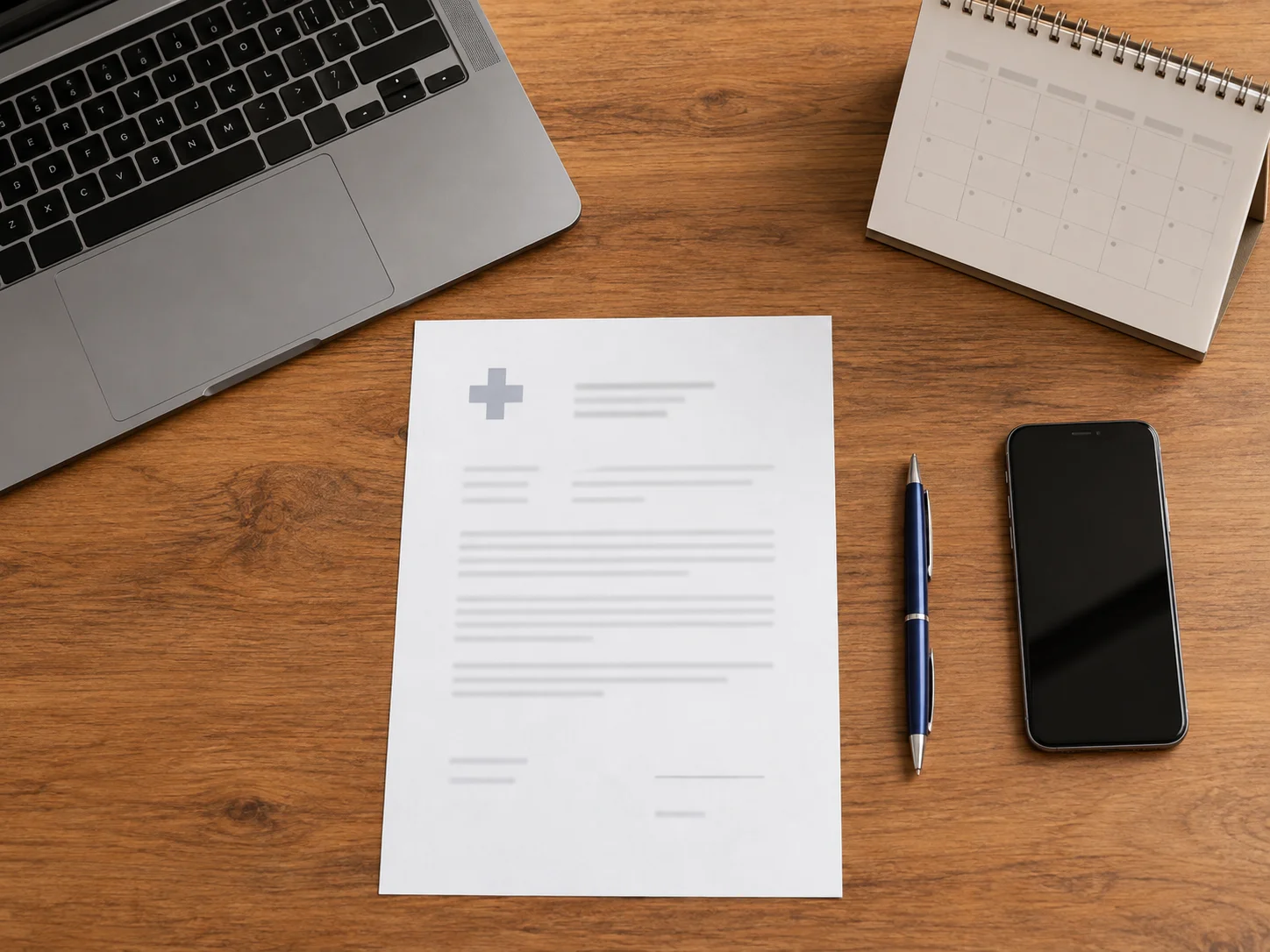 나무 책상 위에 진단서 서류와 볼펜 스마트폰 노트북 달력이 놓인 모습