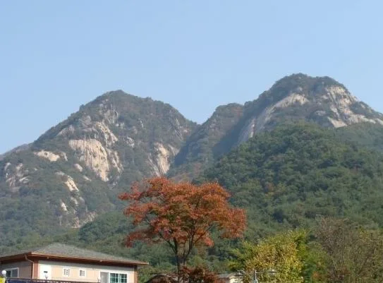 명성산의 암봉 능선과 전경의 붉은 단풍나무