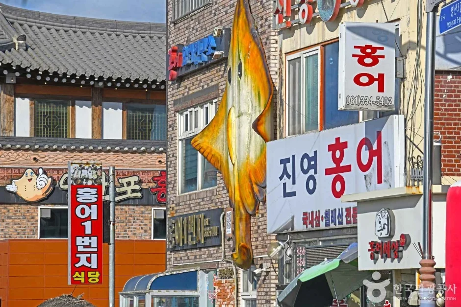 홍어 모양 입체 간판과 홍어 전문 식당 간판이 가득한 골목