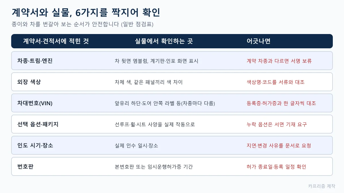 계약서의 차종·색상·차대번호·옵션·인도 시기·번호판 6항목을 실물에서 확인하는 위치와 어긋날 때 대응으로 짝지은 표 도표