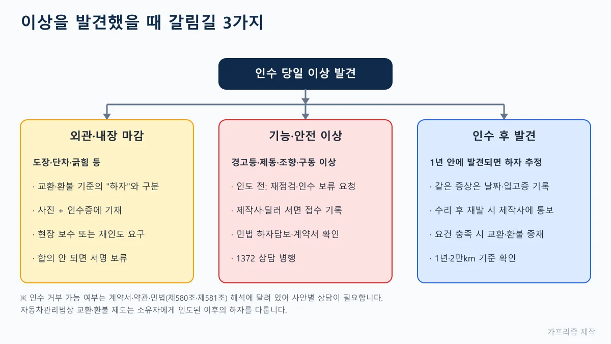 인수 당일 이상 발견에서 외관·내장 마감, 기능·안전 이상, 인수 후 발견 세 갈래로 나뉜 대응 순서 도표
