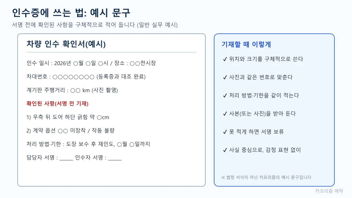 차량 인수 확인서 예시 문서에 인수 일시, 차대번호, 주행거리, 확인된 사항, 처리 방법을 쓰는 칸이 있고 오른쪽에 기재 요령 6가지를 적은 도표