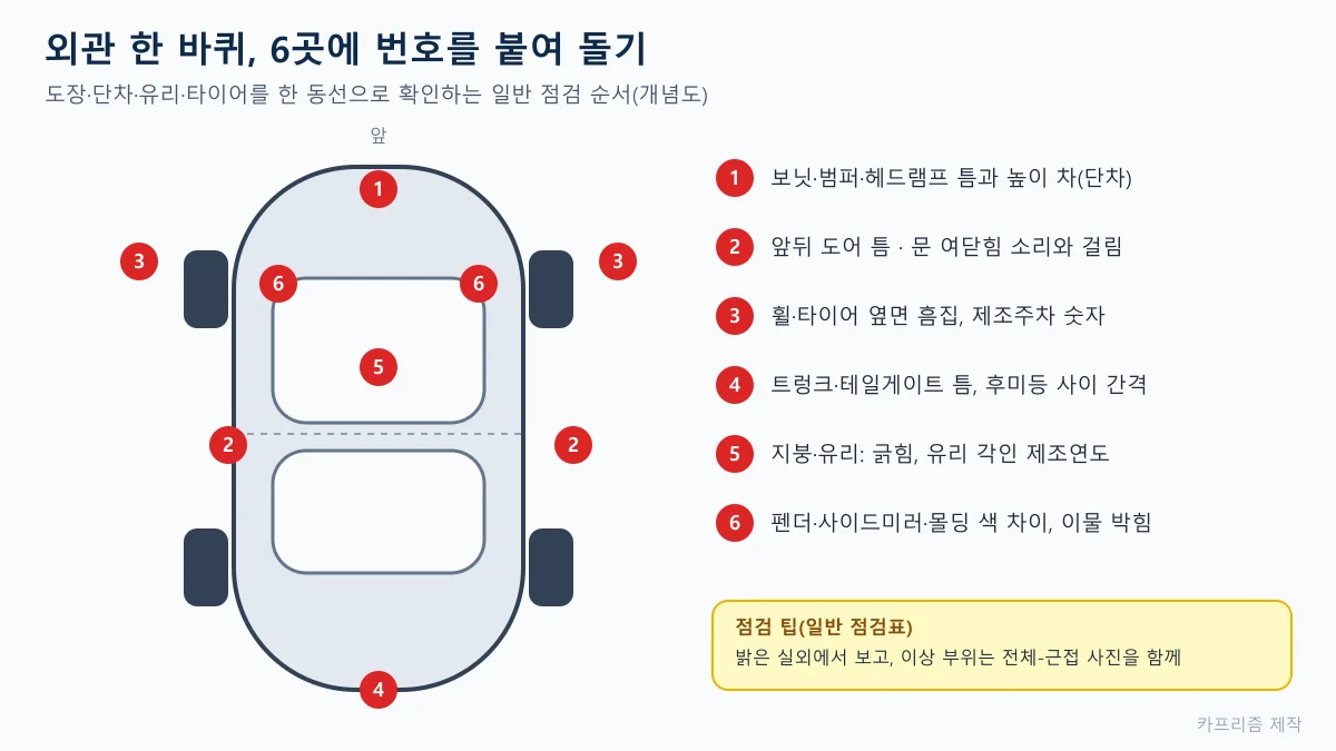 자동차 위에서 본 도형에 1번부터 6번까지 점검 위치를 표시하고 오른쪽에 각 번호의 확인 내용을 적은 외관 점검 동선 도표