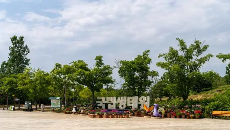 국립생태원 이름 조형물과 화단이 있는 입구 광장