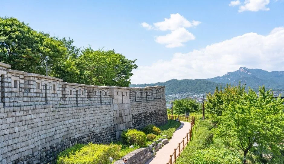 성벽과 풀밭 길 너머로 먼 산 능선이 보이는 낙산공원 성곽길