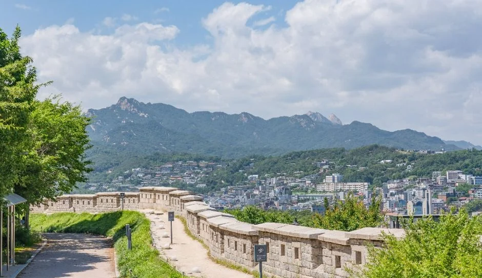 성곽 산책로 너머로 산과 도심 주택가가 펼쳐진 낙산 성곽길 전경