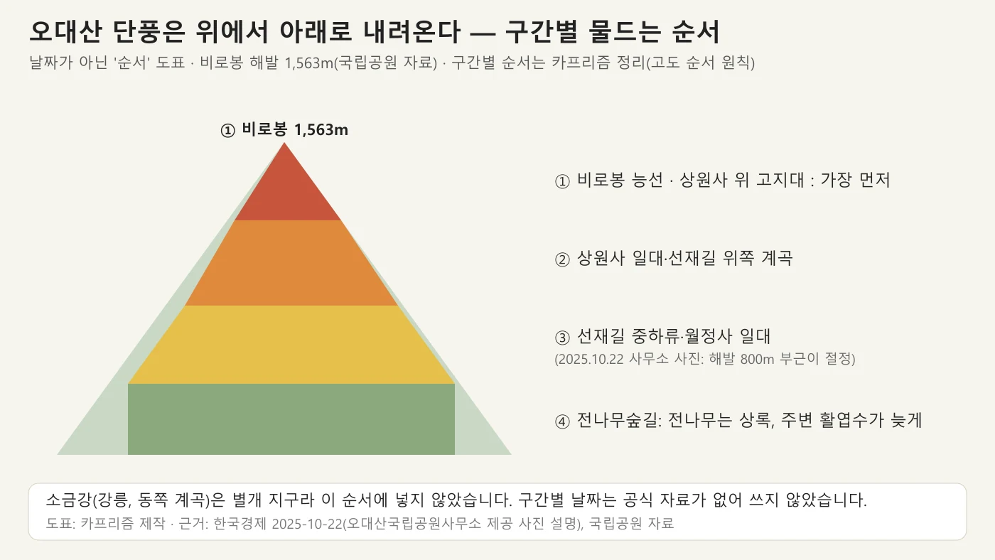 오대산 단풍이 비로봉에서 아래로 내려오는 구간 순서 도표