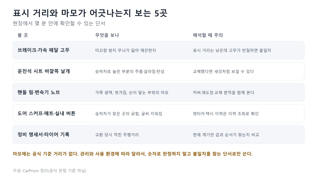 브레이크 페달, 시트, 핸들, 도어 스커프, 정비 명세서에서 표시 주행거리와 마모가 맞는지 보는 다섯 곳을 정리한 표 도표