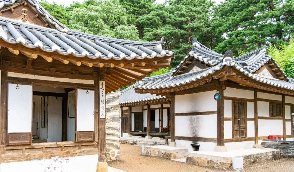 기와 처마와 흰 벽, 나무 기둥으로 이뤄진 오죽헌 경내 한옥 건물