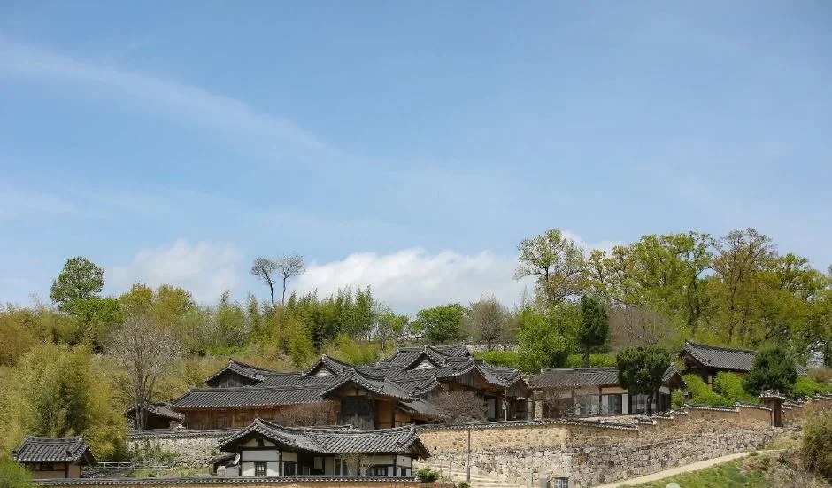 산자락 아래 기와집과 초가가 이어진 경주 양동마을 전경