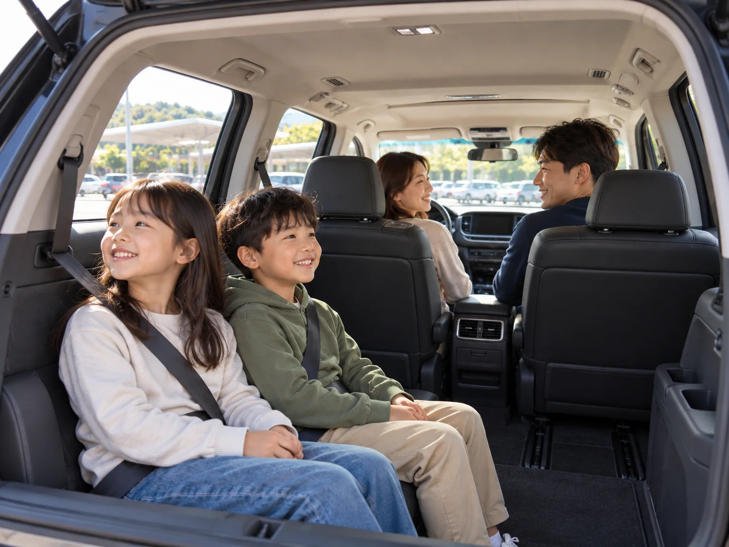 휴게소 주차장에서 SUV 3열에 앉은 두 아이가 창밖을 보며 웃고 2열의 부모가 돌아보는 실내