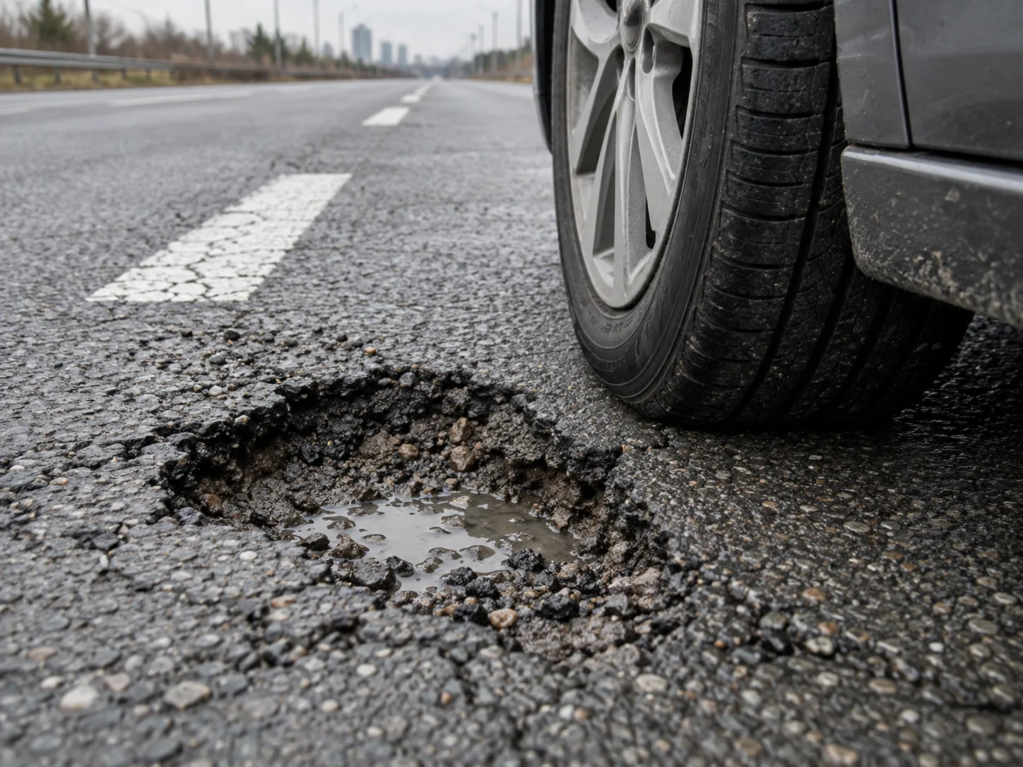 움푹 패인 도로 포트홀과 그 옆에 선 승용차 앞바퀴를 표현한 AI 생성 이미지