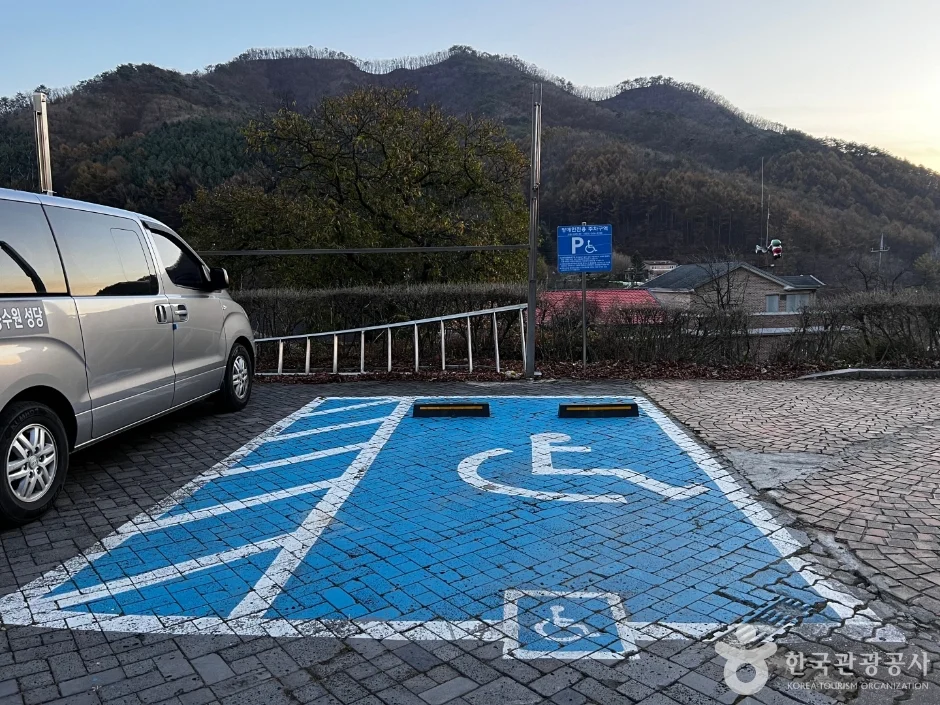 푸른 바닥에 휠체어 표시가 그려진 장애인 전용 주차 구획