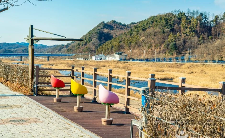 강변 데크 위의 놀이 조형물과 산자락이 보이는 섬강 풍경