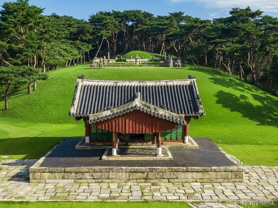 푸른 잔디 언덕 아래 정자각과 뒤편의 봉분, 소나무 숲이 보이는 능역