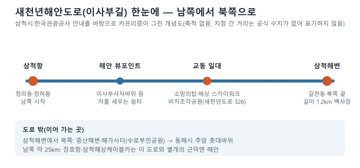 삼척항에서 삼척해변까지 새천년해안도로의 주요 지점을 남쪽에서 북쪽 순서로 나타낸 개념도
