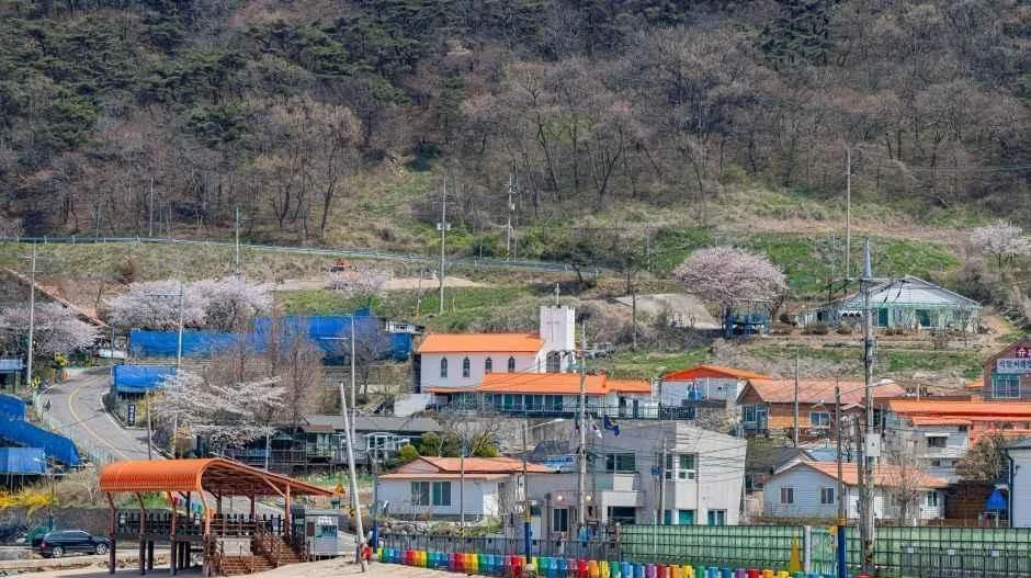 바닷가 언덕 아래로 지붕이 이어진 대이작도 마을 전경