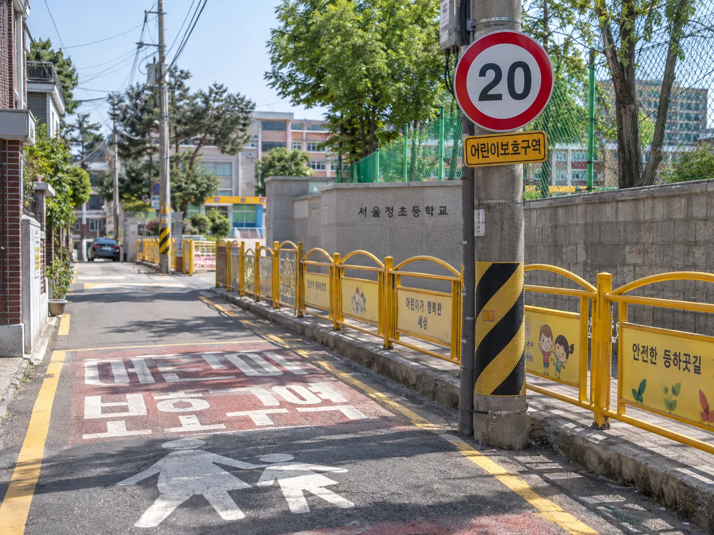 좁은 주택가 이면도로에 설치된 시속 20km 제한속도 표지판과 어린이보호구역 안내판, 배경에 초등학교 담장과 노란 스쿨존 펜스가 보이는 모습(개념 예시 이미지)