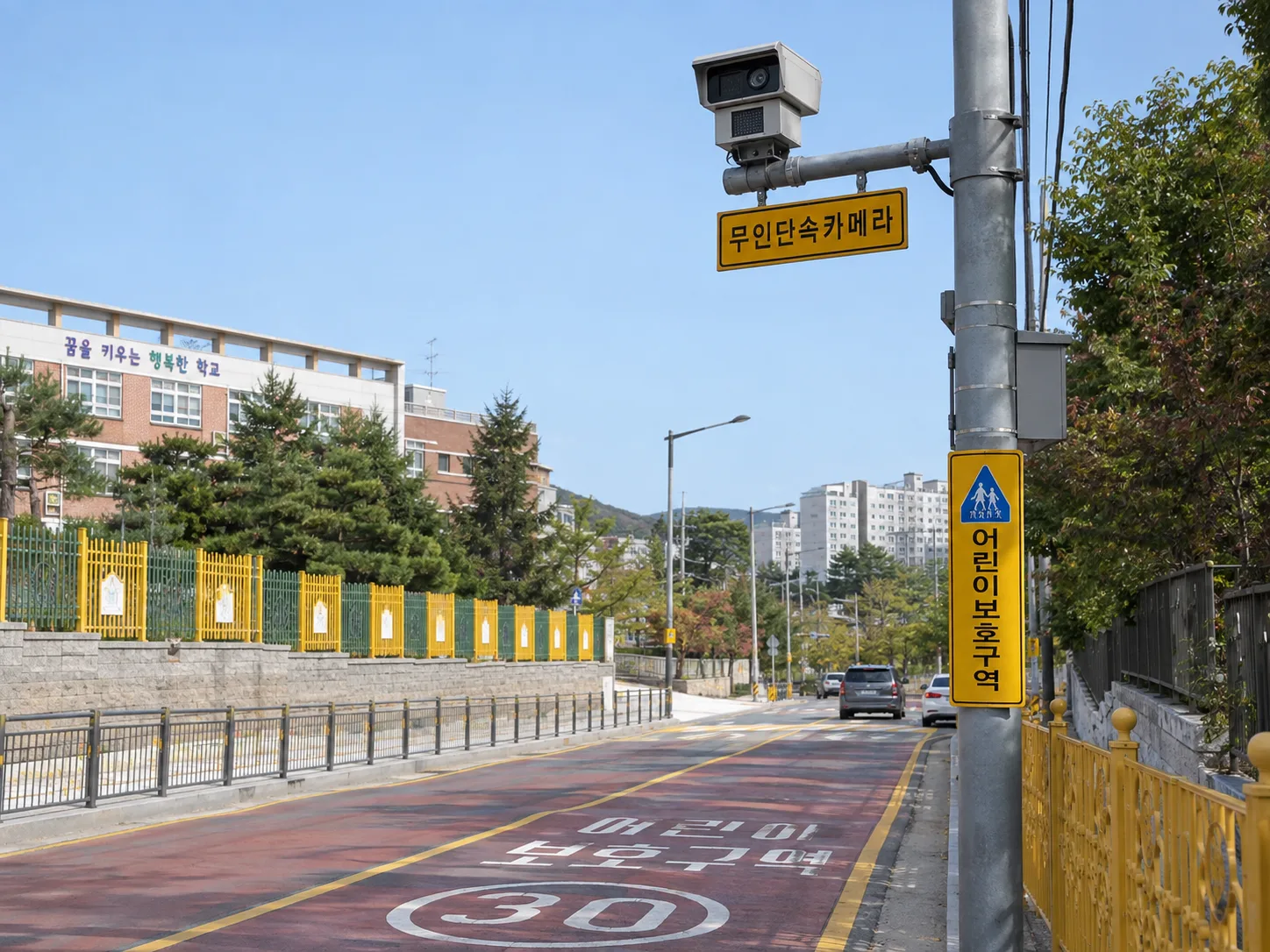 어린이보호구역 무인단속카메라 표지판이 달린 전신주. 빨간 노면 위 '어린이보호구역 30' 표시와 노란 학교 펜스, 배경에 학교 건물이 보이는 거리 풍경(개념 예시 이미지)