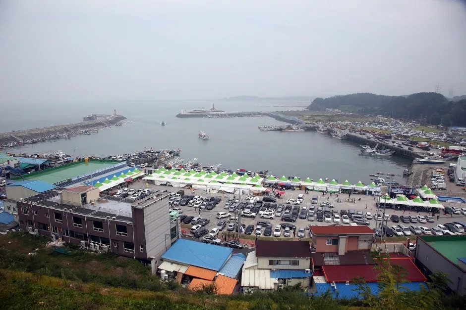 충남 서천 홍원항 자연산 전어·꽃게 축제 기간 항구 전경, 초록·흰색 행사 천막과 주차장을 가득 채운 차량들이 보인다