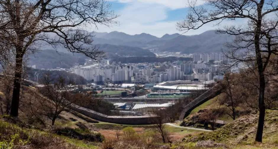 잎이 거의 없는 나무 사이로 보이는 삼년산성 성벽과 보은읍 시가지