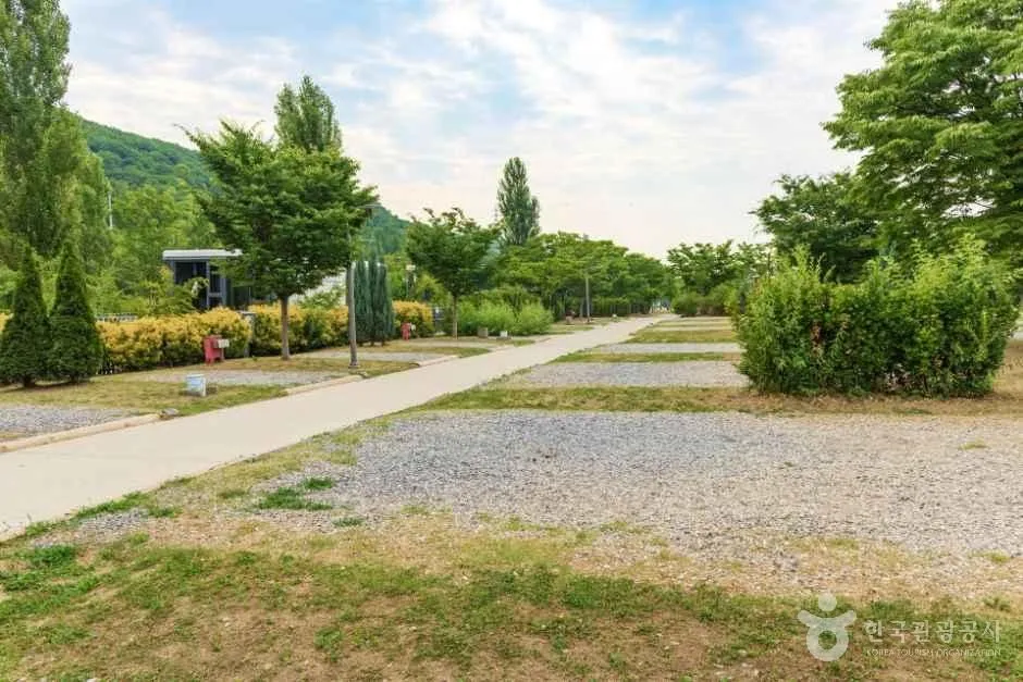 잔디밭 한가운데 자갈이 깔린 평지와 산책로가 이어지고 주변에 나무가 서 있는 난지캠핑장 일대