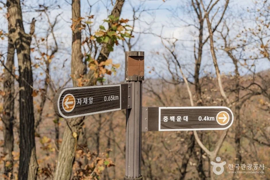 자재암 0.65km, 중백운대 0.4km를 가리키는 이정표