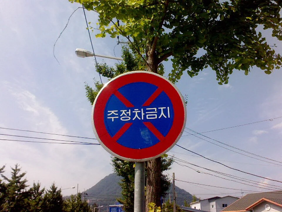 파란 원판에 붉은 X자가 그려진 주정차금지 표지