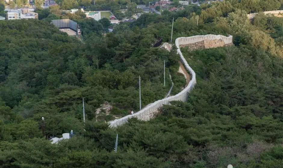 숲이 우거진 능선 위로 흰 성곽이 길게 이어지는 인왕산 한양도성 항공 전경