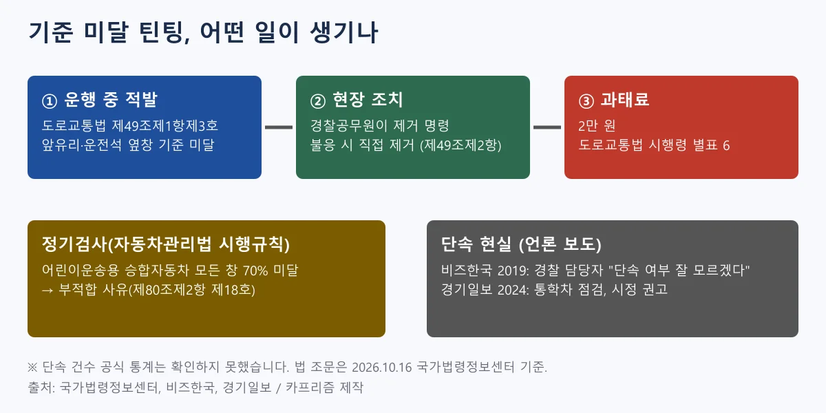 기준 미달 틴팅의 적발, 현장 제거 명령, 과태료 2만 원, 정기검사 부적합 사유를 정리한 흐름도