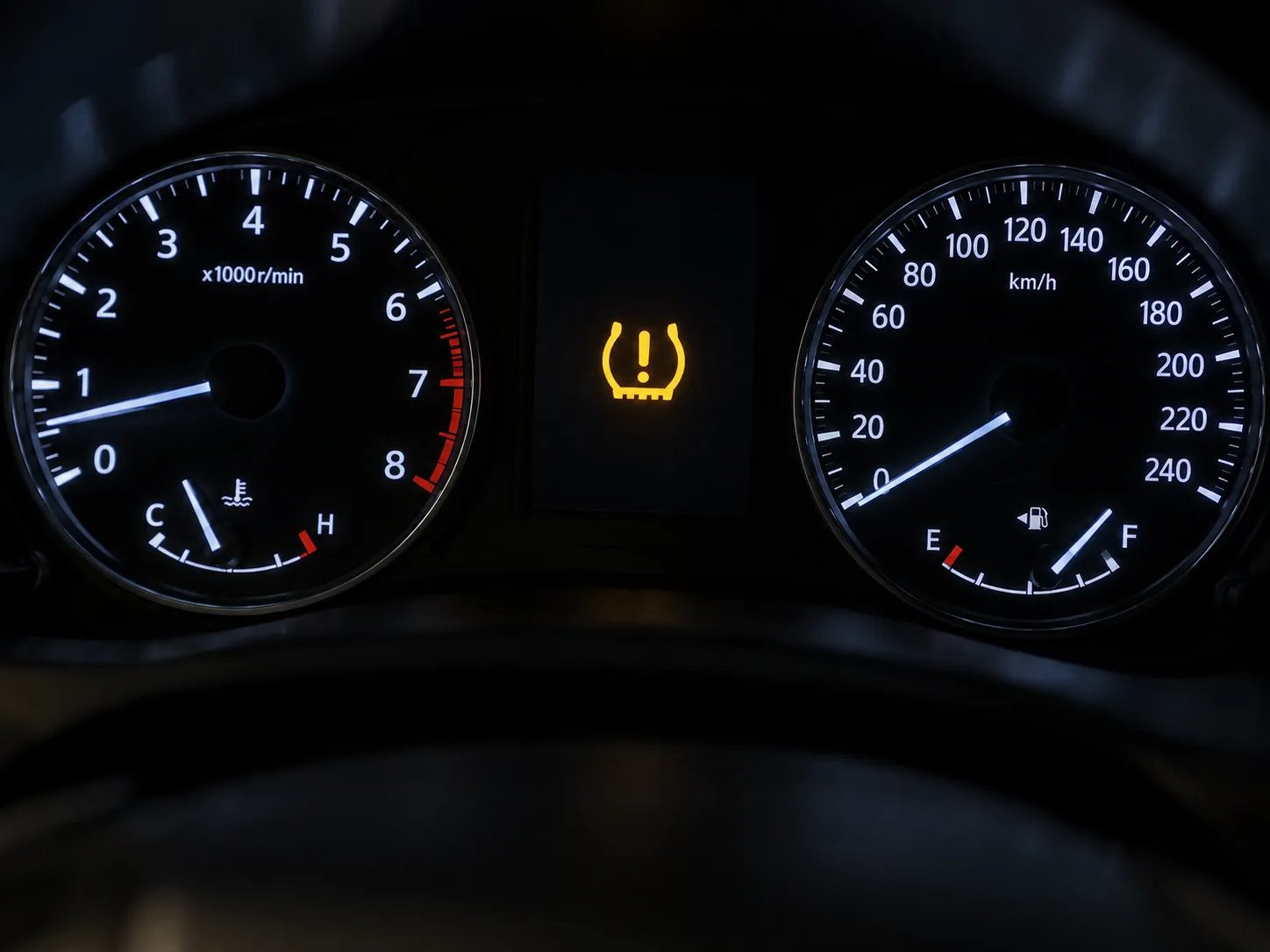 자동차 계기판에 노란색 TPMS 타이어 공기압 경고등이 켜진 클로즈업