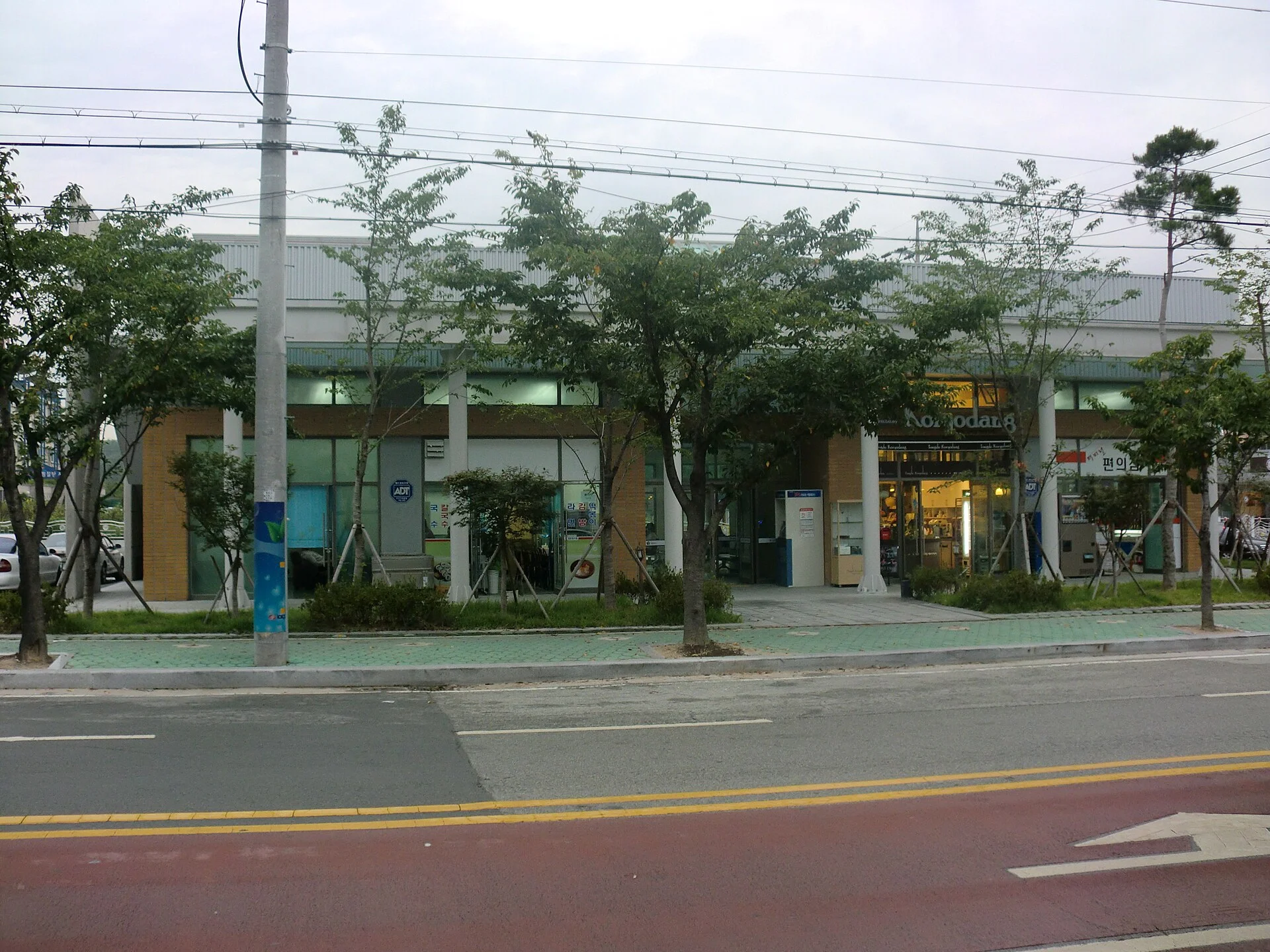 가로수 뒤로 낮은 건물과 도로가 보이는 신평 버스터미널 앞