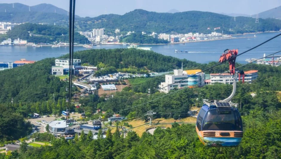숲 위를 지나는 케이블카 곤돌라와 바다