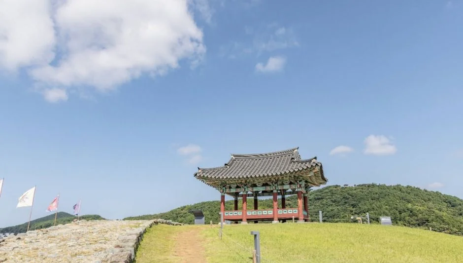 언덕 위에 선 정자와 바다 방향 전망