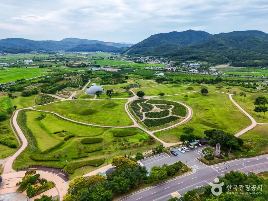 산책로와 고분이 이어진 조문국사적지를 위에서 내려다본 모습