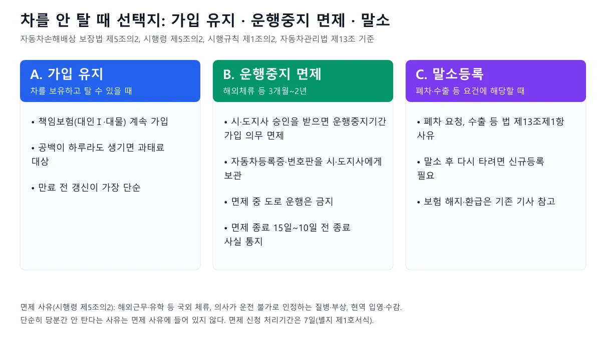 가입 유지, 운행중지 면제, 말소등록 세 선택지를 비교한 카드 도표