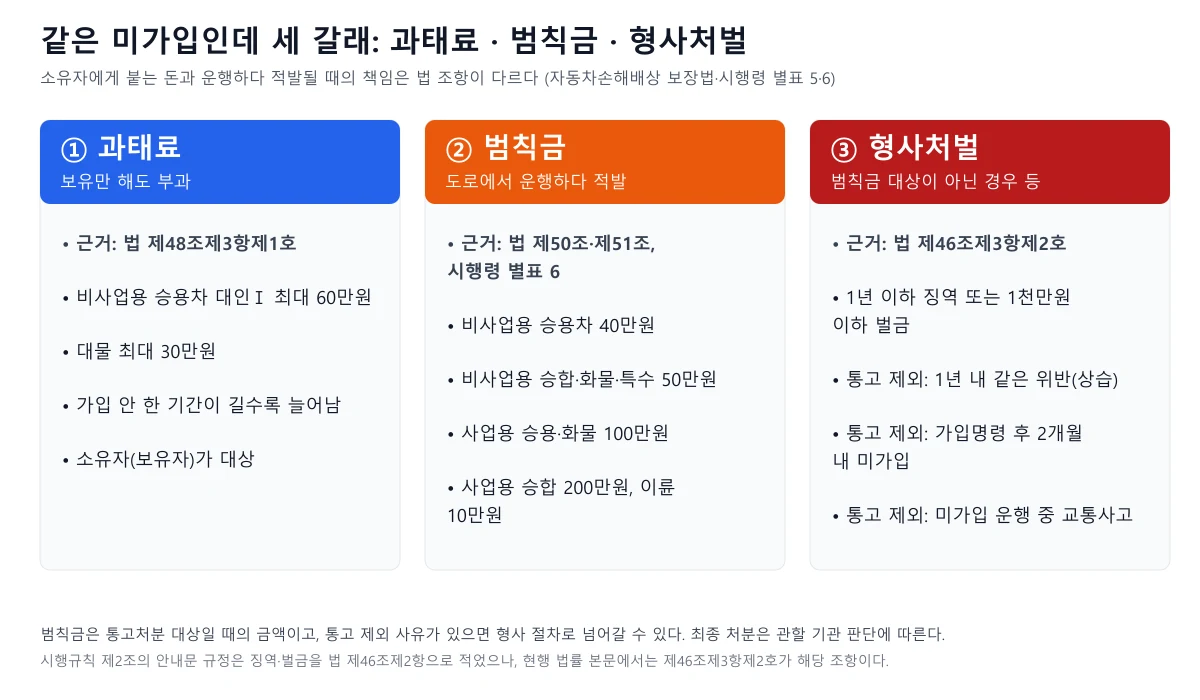 과태료, 범칙금, 형사처벌 세 갈래의 근거와 금액을 비교한 카드 도표