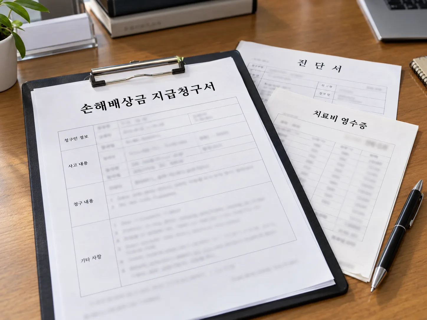 책상 위 클립보드에 손해배상금 지급청구서 양식이 놓여 있고, 옆에 진단서와 치료비 영수증 서류, 볼펜이 함께 놓여 있는 모습