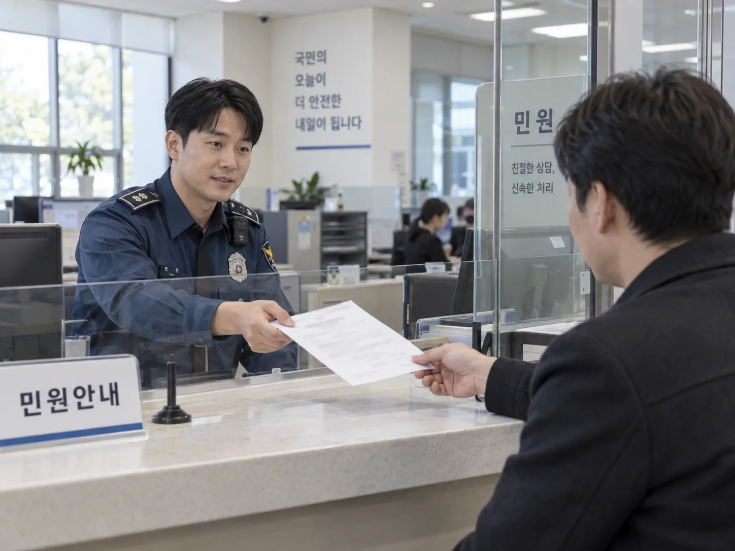 경찰서 민원실 창구에서 경찰관이 시민에게 교통사고사실확인원으로 보이는 서류를 건네주는 모습