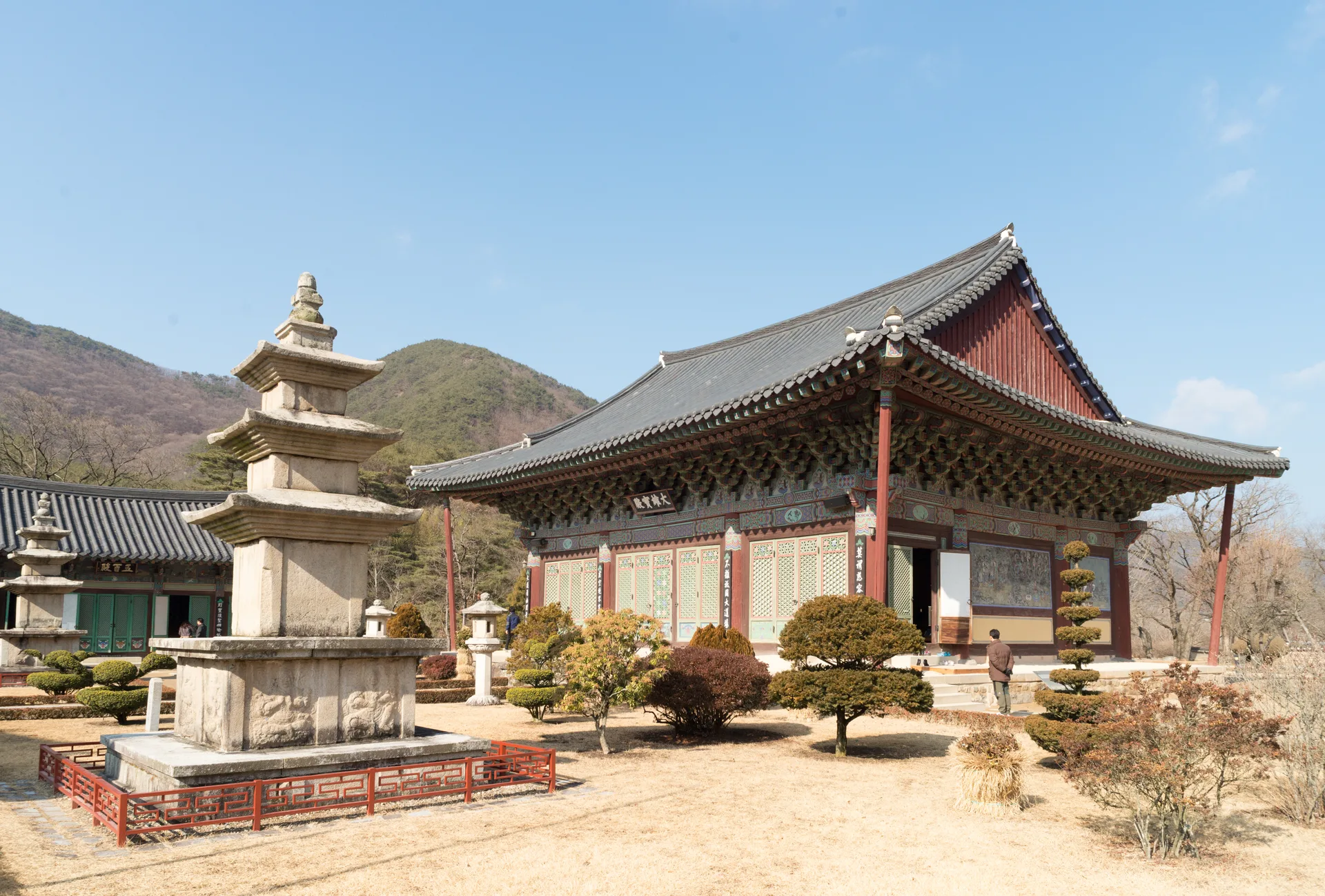 삼층석탑과 기와지붕 전각이 마른 잔디 마당 너머에 보이는 경내