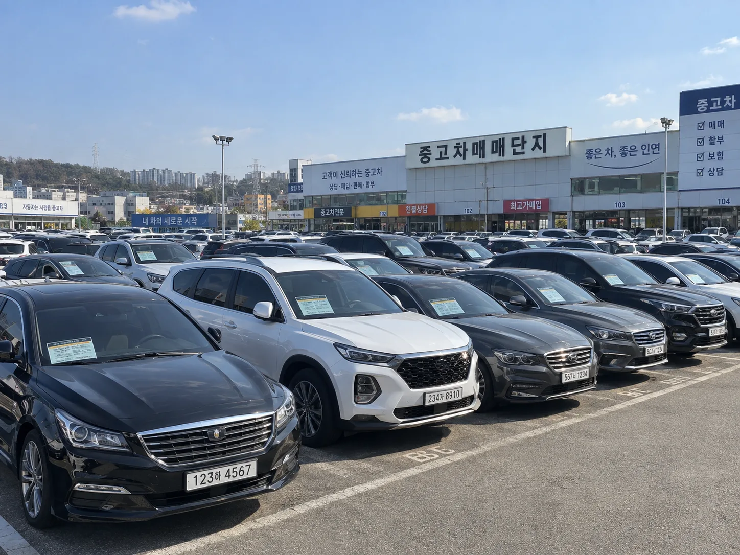한국의 한 중고차 매매단지 야외 주차장에 다양한 브랜드의 세단과 SUV 수십 대가 가격표를 앞유리에 붙인 채 줄지어 서 있고, 뒤편으로 '중고차매매단지' 간판이 걸린 상가 건물이 보이는 모습