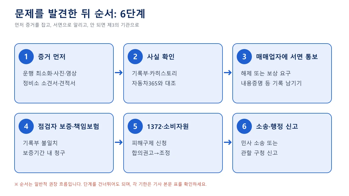 증거 확보, 사실 확인, 매매업자 서면 통보, 점검자 보증·책임보험 청구, 1372·소비자원, 소송·행정 신고의 여섯 단계를 순서대로 나타낸 도표
