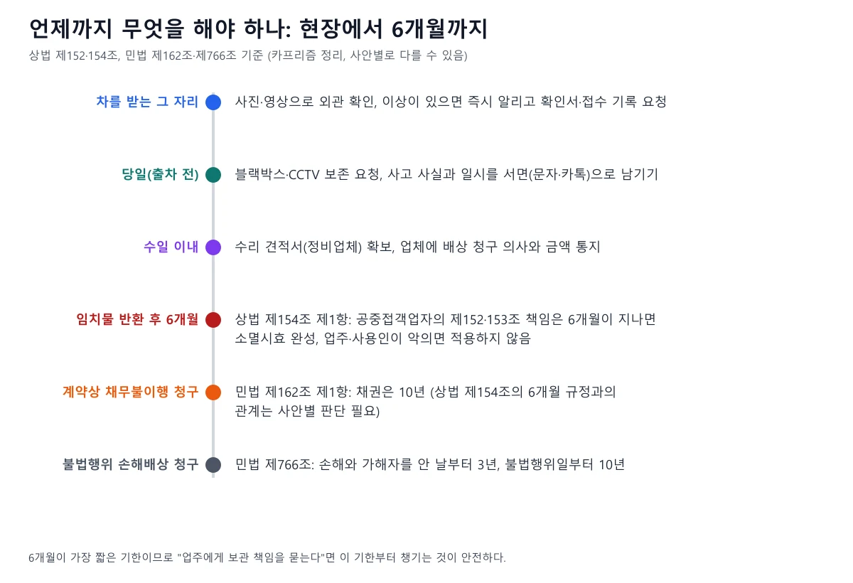 차를 받는 자리부터 6개월, 3년, 10년까지 청구 기한을 순서대로 보여 주는 타임라인 도표