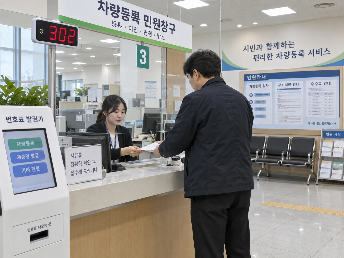 차량등록사업소 민원창구에서 서류를 접수하는 모습