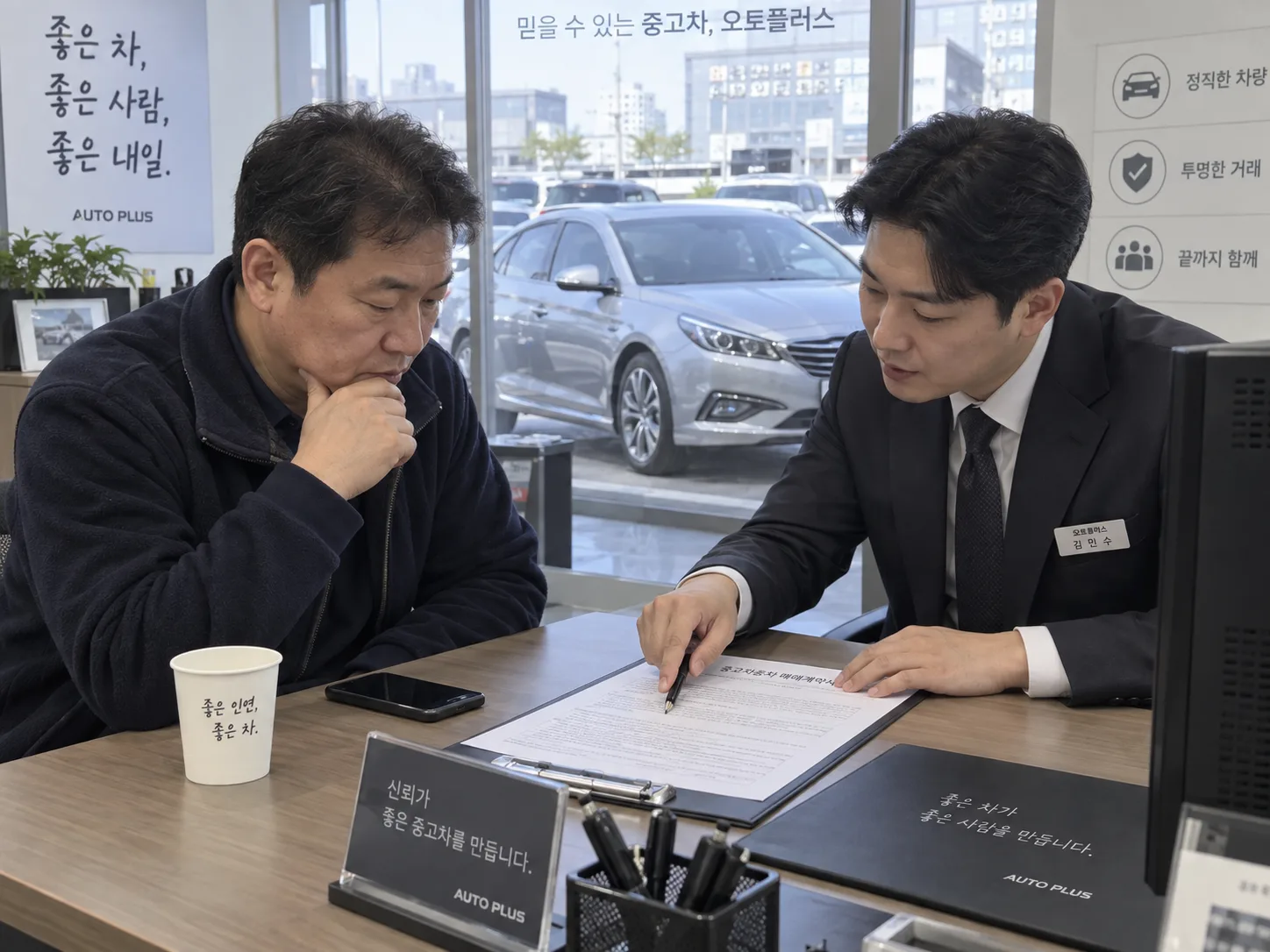 중고차 매매계약서를 사이에 두고 판매자와 딜러가 서류 내용을 확인하는 모습