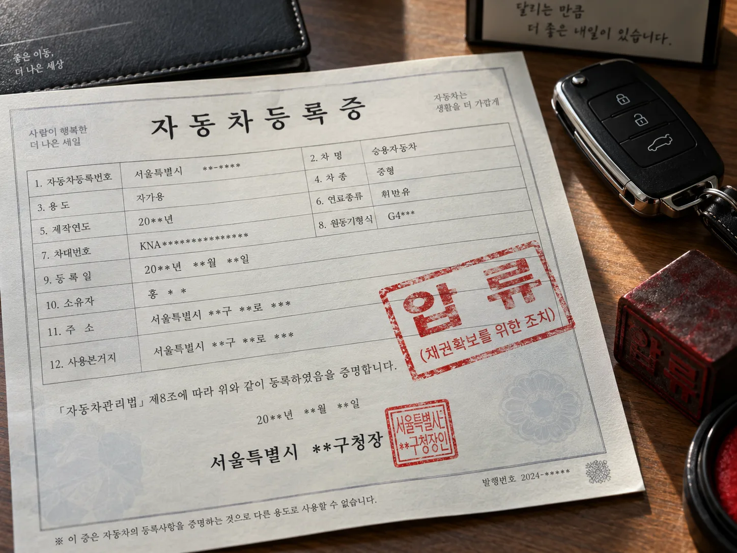 압류 도장이 찍힌 자동차등록증 서류가 차 키 옆 책상 위에 놓여 있는 모습
