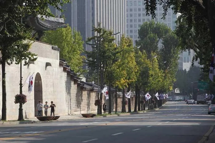 덕수궁 돌담길과 도심 도로