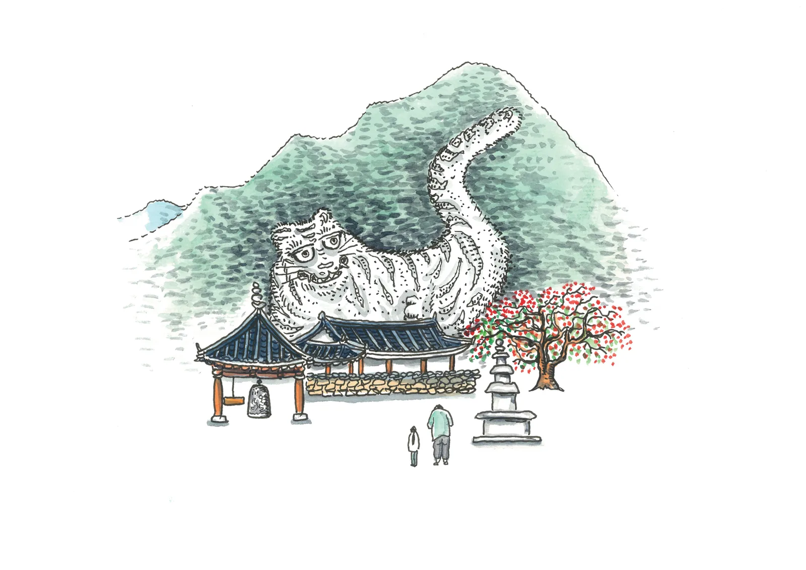 초록 산 능선에 꼬리를 치켜든 흰 호랑이가 그려져 있고 그 아래 사찰 건물과 석탑, 붉은 꽃나무가 있는 수채화 그림