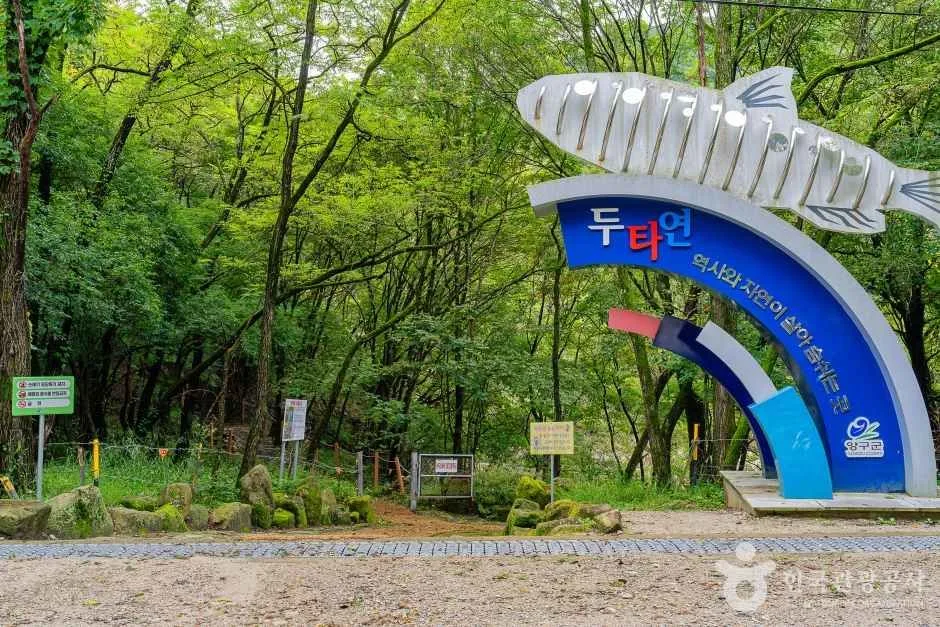 푸른 숲 앞에 은빛 물고기 조형물과 두타연 글자가 있는 안내 구조물